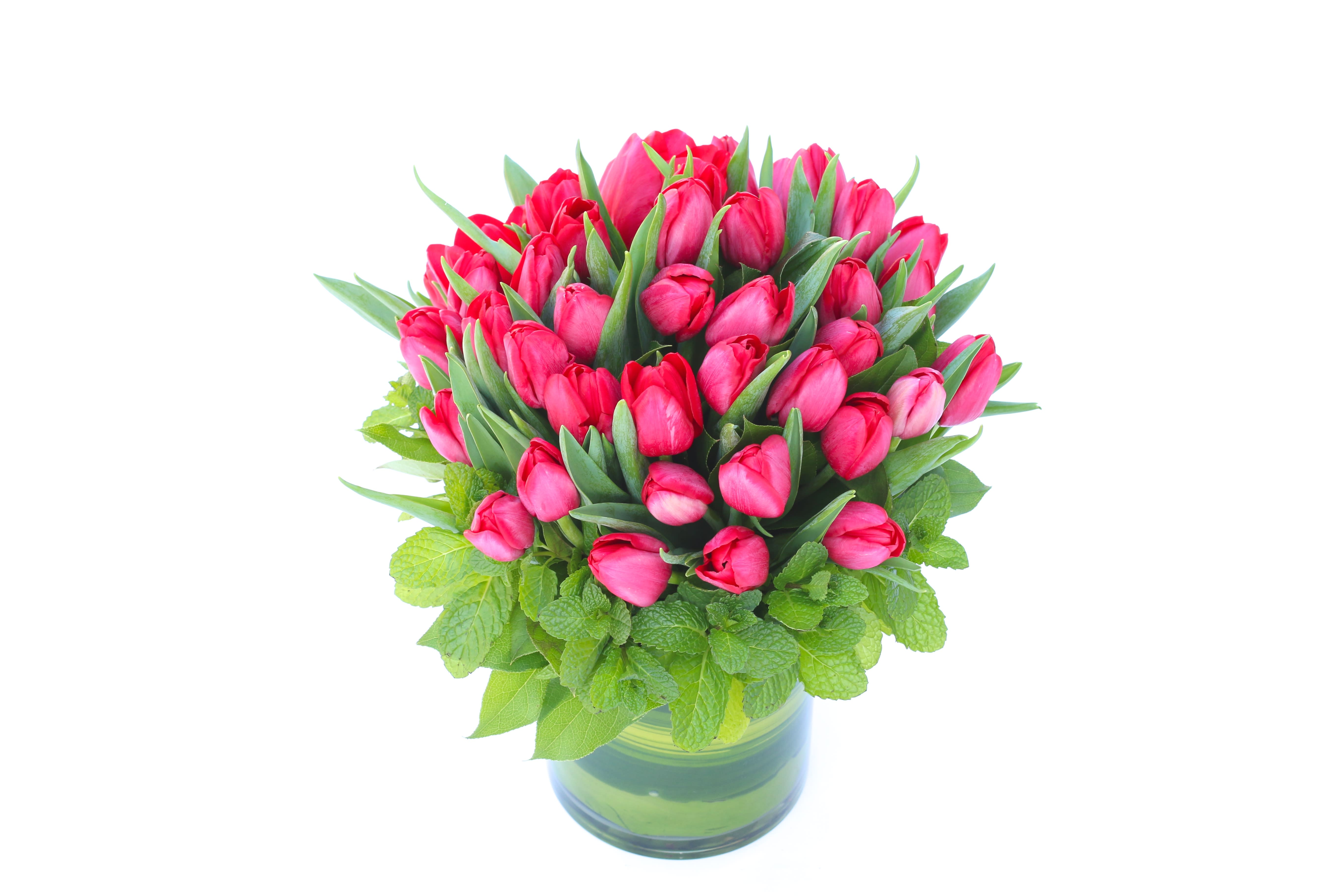Minty Lips - An abundance of tulips paired with stems of fresh mint in sleek leaf wrapped vase.
