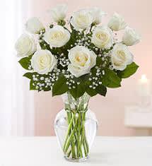 Dozen White Roses - Dozen white roses in a vase with assorted greenery, baby’s breath and a bow