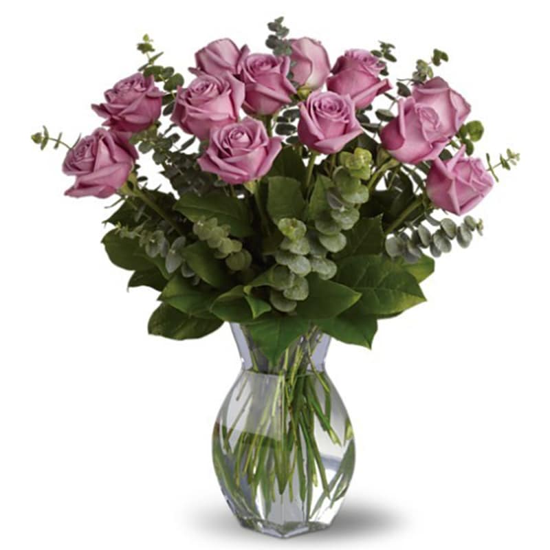 Dozen Lavender Roses Vased - 12 lavender roses with assorted greenery