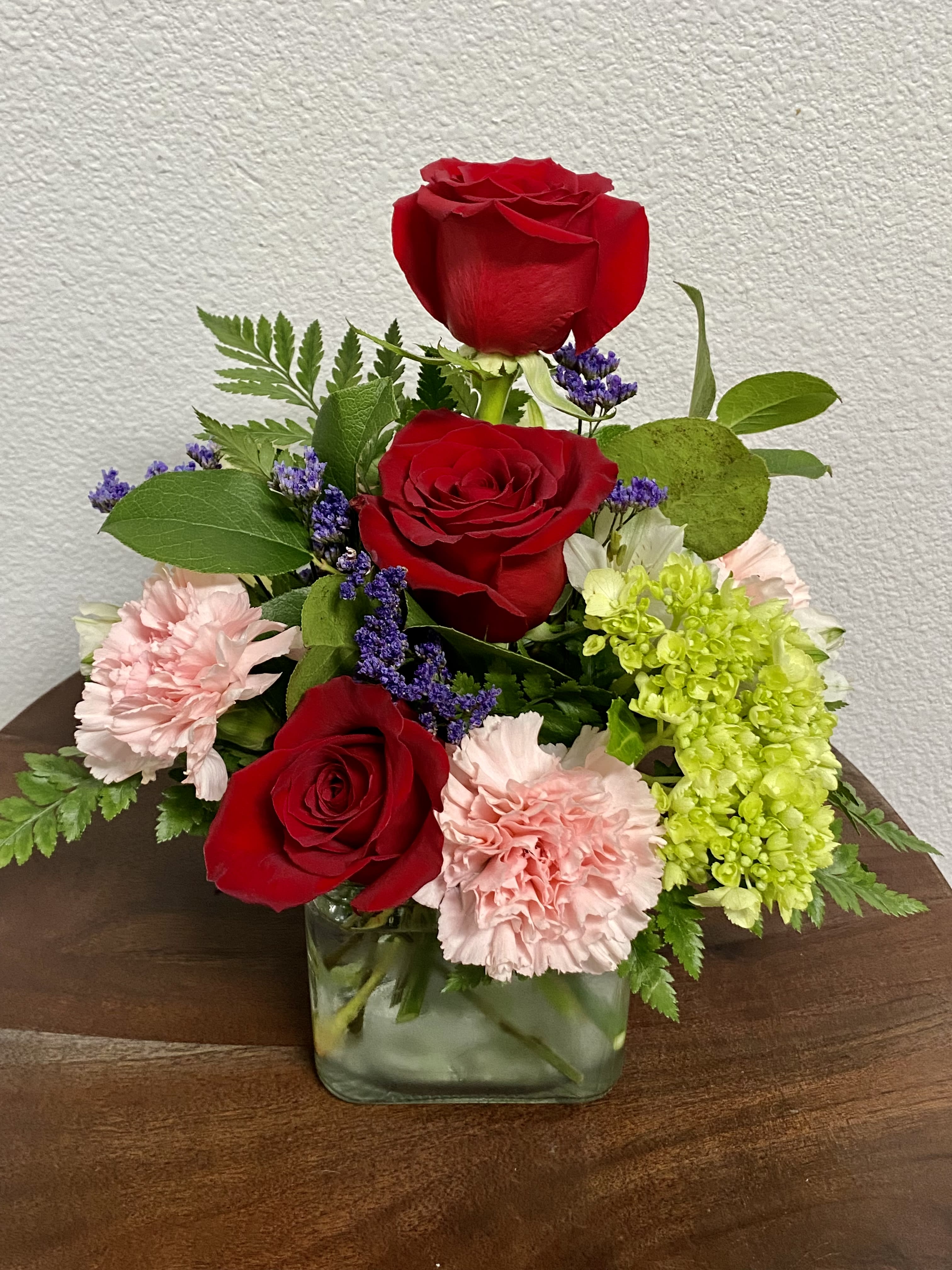 3 Red Roses in Arrangement  - 3 red roses with white alstroemeria, mini green hydrangea.