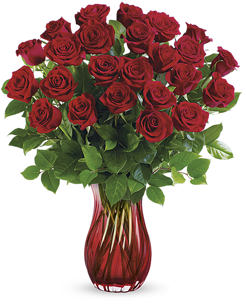 Teleflora's Romantic Twist Bouquet - A Valentine's Day classic--with a twist! One dozen ravishing red roses look ultra luxe in this swirling glass vase with ruby red ombre finish. This classic bouquet includes red roses and lemon leaf. Delivered in Teleflora's Love Conquers All vase. Orientation: All-Around