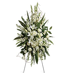 Heartfelt Sympathy Spray - This beautiful spray includes white hydrangea, white roses, white oriental lilies, white gladioli, white stock, pitta negra, sword fern, curly willow, variegated aspidistra leaves, and lemon leaf. Delivered on a wire easel. This beautiful spray includes white hydrangea, white roses, white oriental lilies, white gladioli, white stock, pitta negra, sword fern, curly willow, variegated aspidistra leaves, and lemon leaf. Delivered on a wire easel. Approximately 33 1/2" W x 52" H
