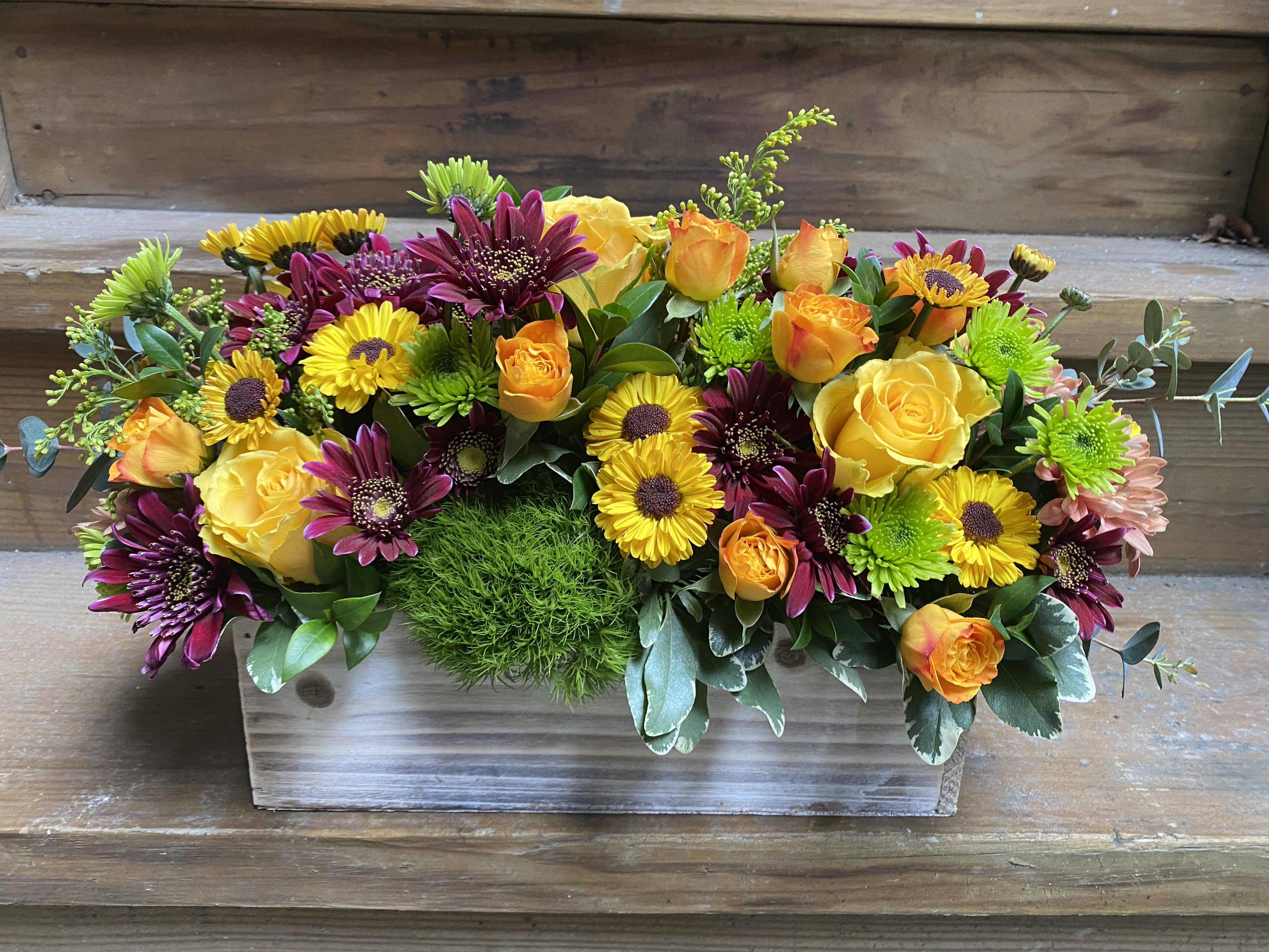 Colorful Birthday Flower Box  - Long and Narrow Flower Box Arrangement of roses, mums, daisies, accent florals and greens.  COLORS AND FLOWERS MAY VARY DEPENDING ON SEASON AND AVAILABILITY 