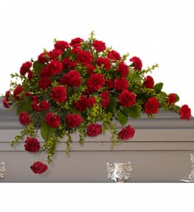 Adoration Casket Spray - This classic half-couch spray of brilliant red carnations makes a striking and dignified statement. Radiant red carnations and miniature carnations accented by fresh greenery arrive in a lovely spray. Approximately 36" W x 27" H