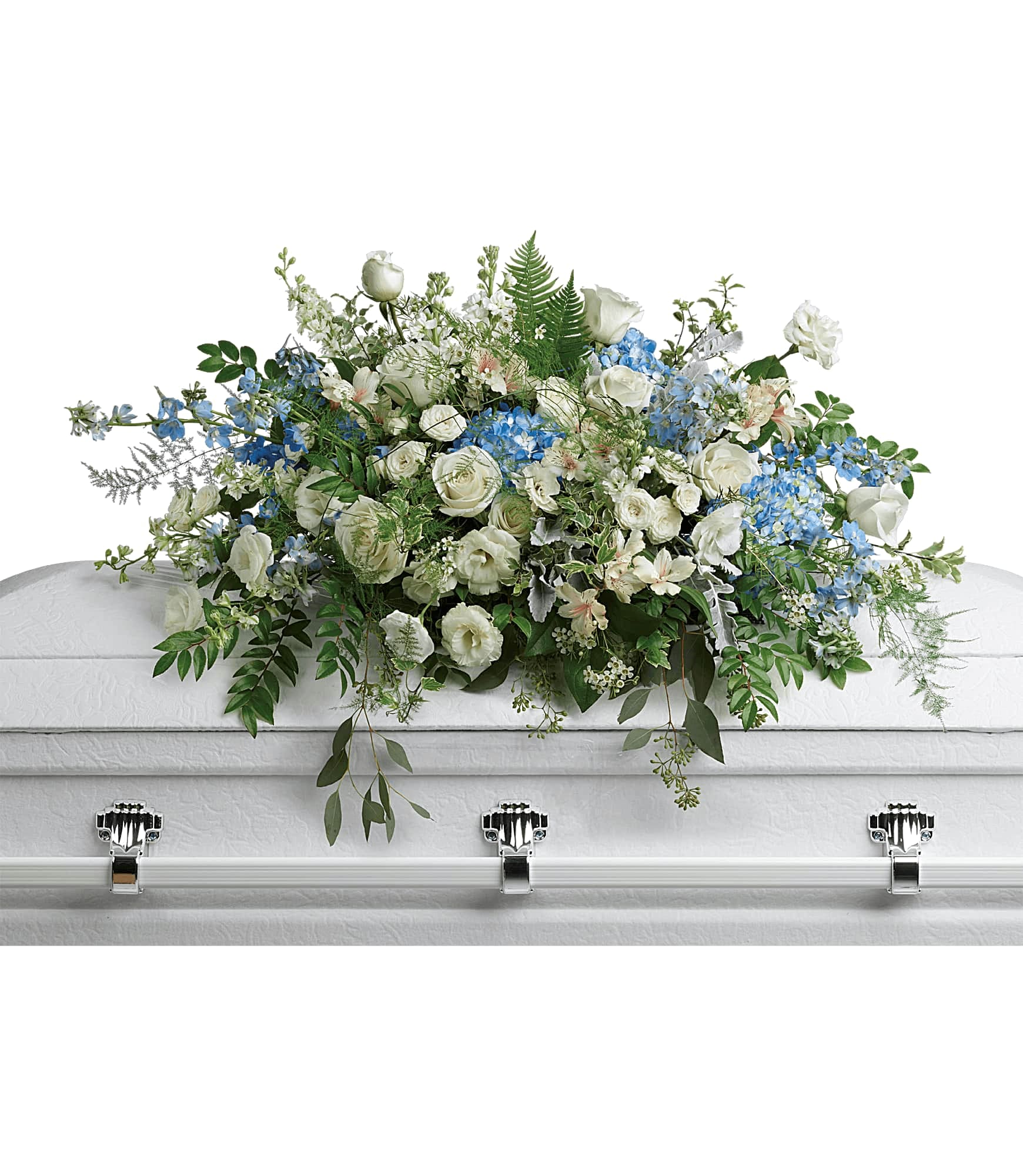Tender Remembrance Casket Spray - As soft and delicate as a tender remembrance, this stunning spray of sky blue hydrangea and pure white roses brings a fresh, natural beauty to the casket. This stunning spray includes blue hydrangea, white roses, white spray roses, white alstroemeria, white lisianthus, blue delphinium, white larkspur, white stock, white waxflower, dusty miller, huckleberry, asparagus plumosus, pitta negra, lily grass, dagger fern, and lemon leaf. Approximately 36" W x 24" H 