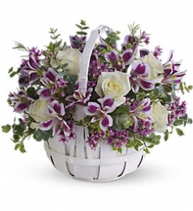 Sweet Moments - Know someone who needs a lift? Brighten their day by sending this lovely bouquet of fresh flowers that has sweetness woven right in.  Gorgeous white roses, purple alstroemeria, lavender waxflower and eucalyptus are perfectly arranged in a white basket. Perfectly sweet!  Approximately 14 1/2" W x 12 1/2" H  Orientation: All-Around