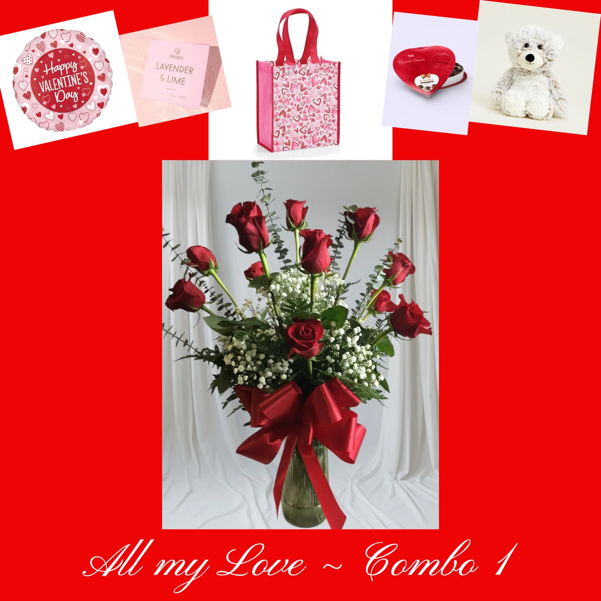 All my love - Combo 1 - Combo 1 ~ “All my love” Includes 12 red roses arranged, gift bag with a plush bear, a box of   chocolates, bath salts &amp; a mylar balloon!