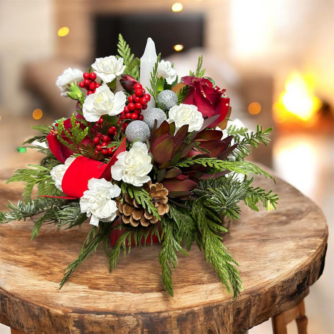 Christmas with candle 15 - Substitution Policy  Photos show the overall style and theme of each arrangement. Some flowers or vases may vary due to seasonality, weather, or availability. If substitutions are necessary, we will maintain the design’s style, color palette, and value.  Please note any important design preferences in the florist instructions at checkout or contact us to confirm availability.  Flower Care &amp; Guarantee  We guarantee flower freshness for 24 hours after leaving our shop.  Care Tips:  Cut flowers: Trim stems and change water every 2–3 days.  Foam arrangements: Add about 1 cup of water every couple of days.  After 24 hours, proper care is the customer’s responsibility.