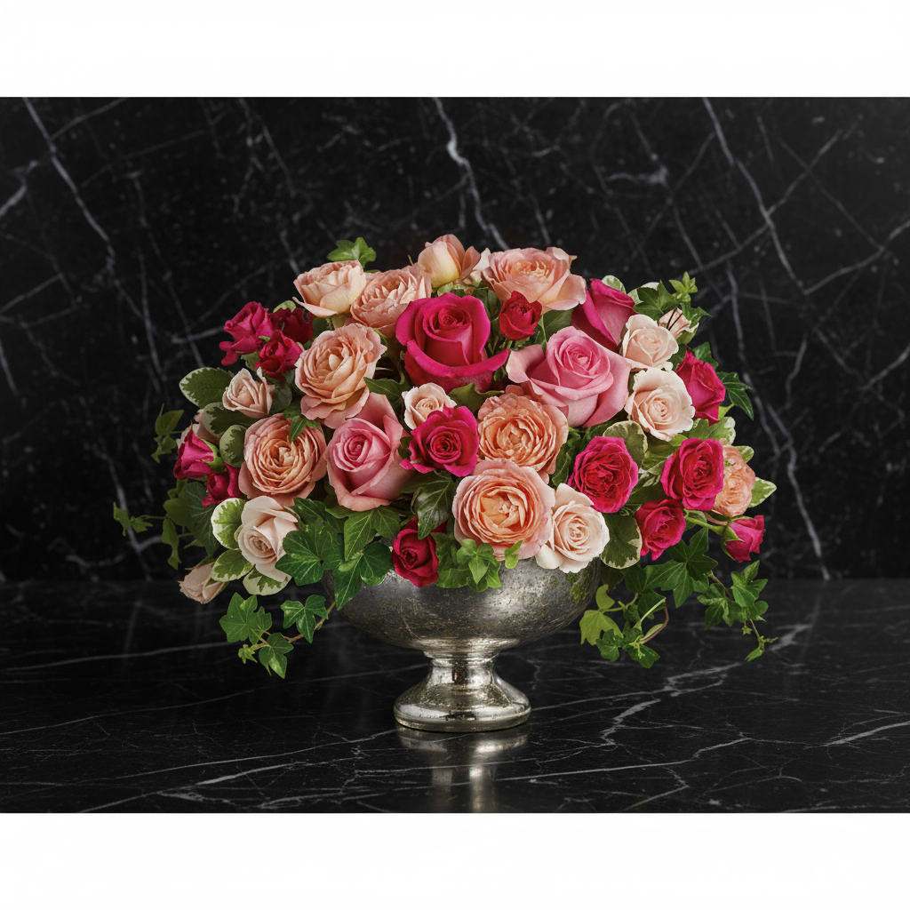 Luxury  Rose Centerpiece - A lush arrangement of pink and peach roses with fresh greenery, designed in an elegant silver bowl. Perfect for gifting or romantic night.