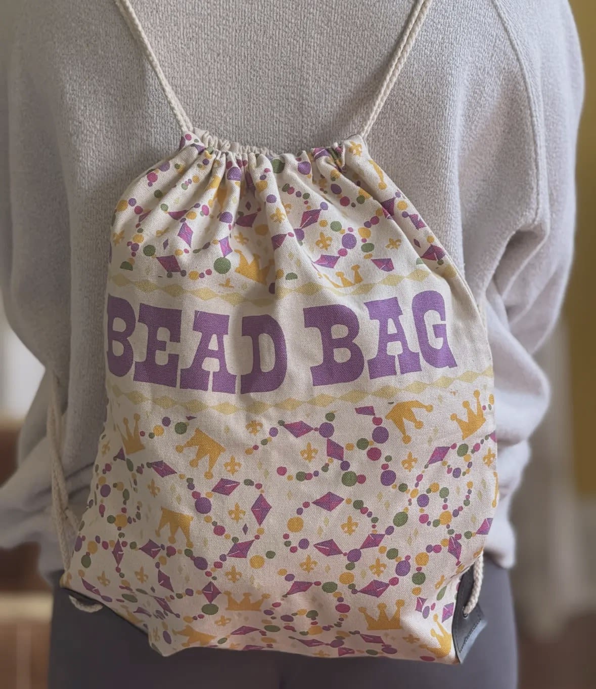 Bead Bag - Canvas bead bag designed with one  important function - to hold those coveted Mardi Gras throws! 13x16 Practical and festive!