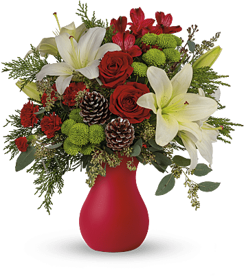 Winter Cheer Is Here! - This one-sided bouquet is a welcomed sight in any home! perfect as a gift to the hosting family for the holiday parties to come! Select upgrades for more info.