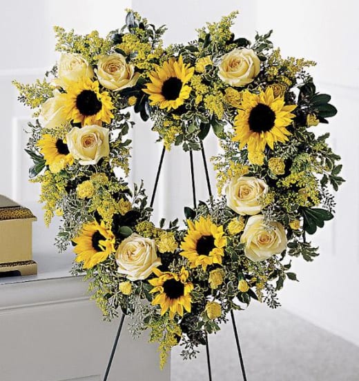 Sunflower Heart Wreath - Sunflowers and Roses with assorted flowers heart wreath.