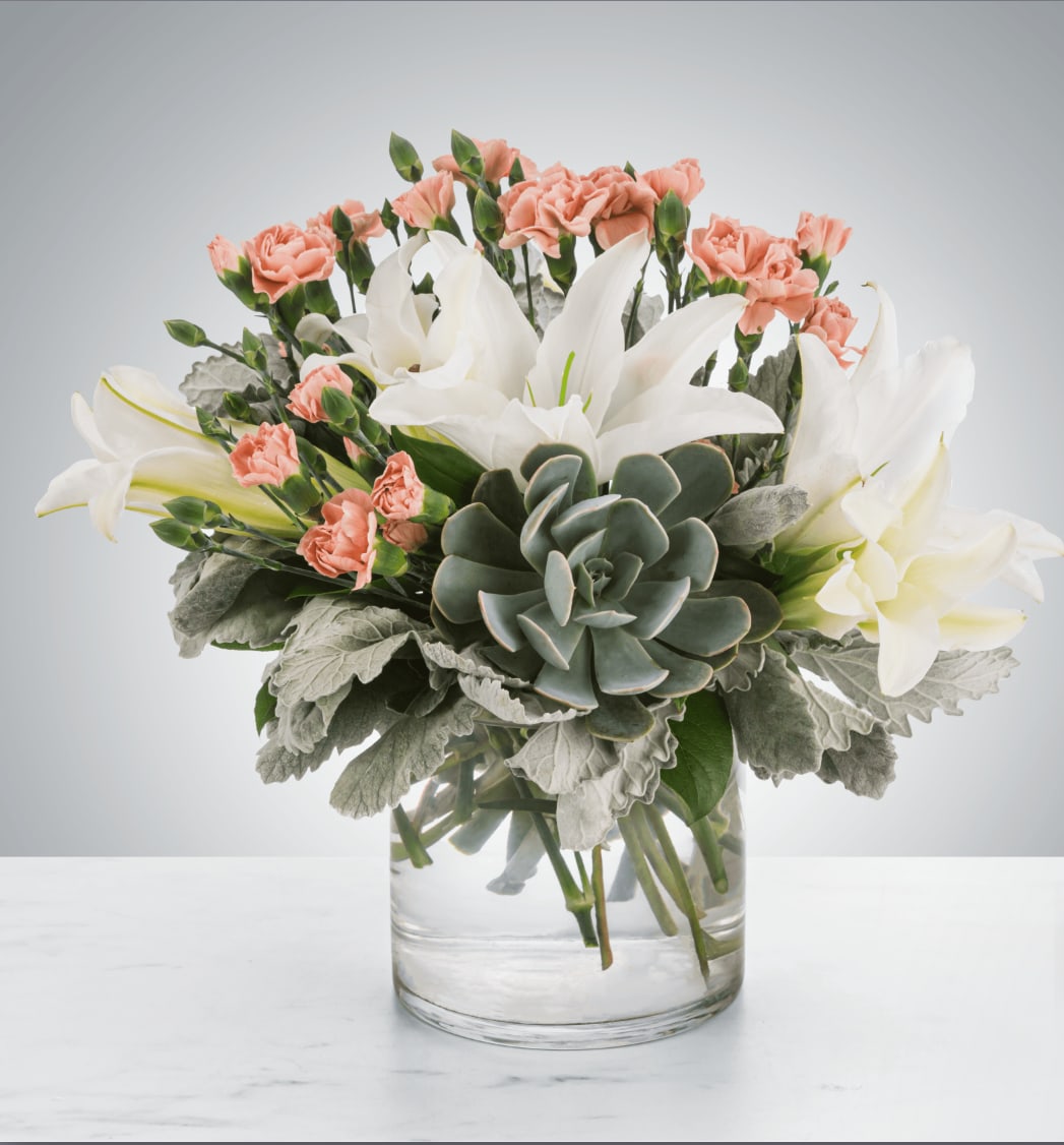 Poise - A lovely succulent arrangement featuring blush and white flowers, Poise by BloomNation™ makes a great gift for almost any occasion like Best Friends Day or Sister's Day.  Approximate Dimensions: 12"D x 12"H