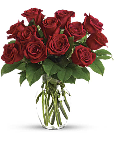 Enduring Passion - 12 Red Roses - Double her pleasure, double her fun with two dozen gorgeous red roses arranged in a sparkling clear glass vase. This truly breathtaking gift will make her fall in love with you all over again. Which will double your pleasure and fun, too. This spectacular bouquet includes 12 red roses accented with lush greenery. Delivered in a clear glass rose vase. Orientation: All-Around