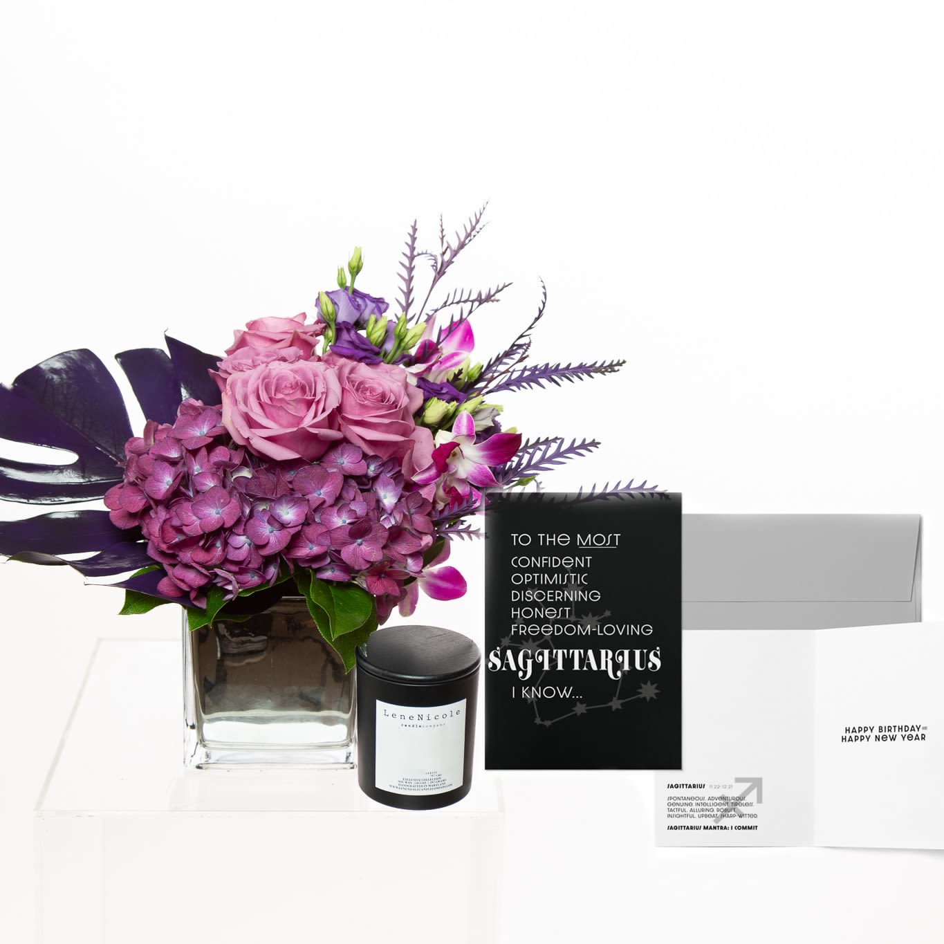 Sagittarius - It’s officially Sagittarius season! Get your Sagittarius zodiac package now! Each zodiac package comes with a zodiac themed birthday card from Around The Way Parchment and candle from Lene Nicole Candle Company. As the color of spirituality and awareness, lush purple pushes Sagittarius’ philosophical mind toward enlightenment and openness. Also a color of abundance, purple encourages Sagittarius’ natural luck and positive nature, and drives it to continuously broaden its horizons.