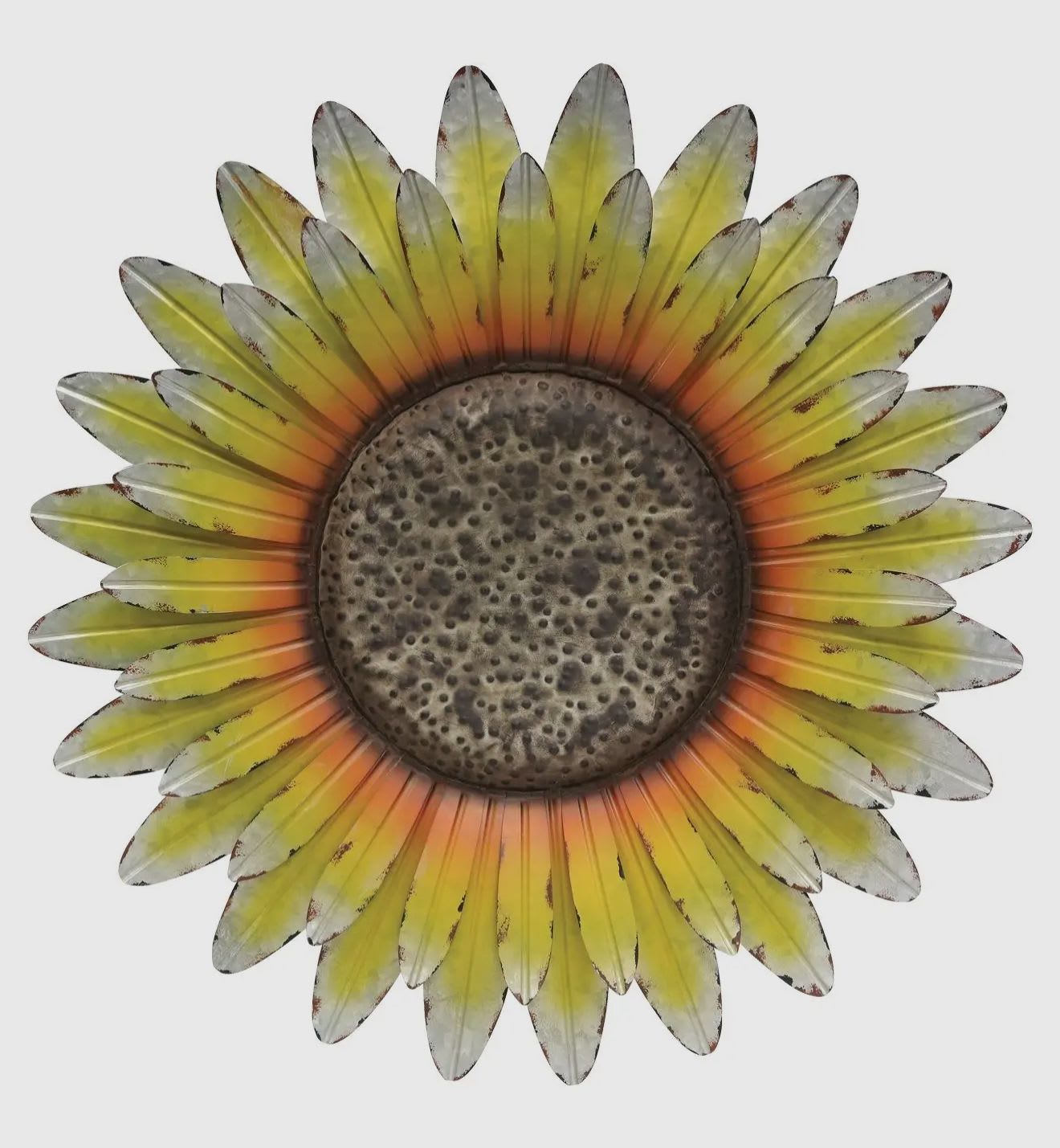 Galvanized sunflower wall decor  - Enjoy the beauty of sunflowers all year with this 3-dimensional all metal decor piece which is over 26 inches high and features a hand-painted rustic finish.  • Dimensions: 26.5 x 2 x 26.5 in (67.3 x 5.1 x 67.3 cm)