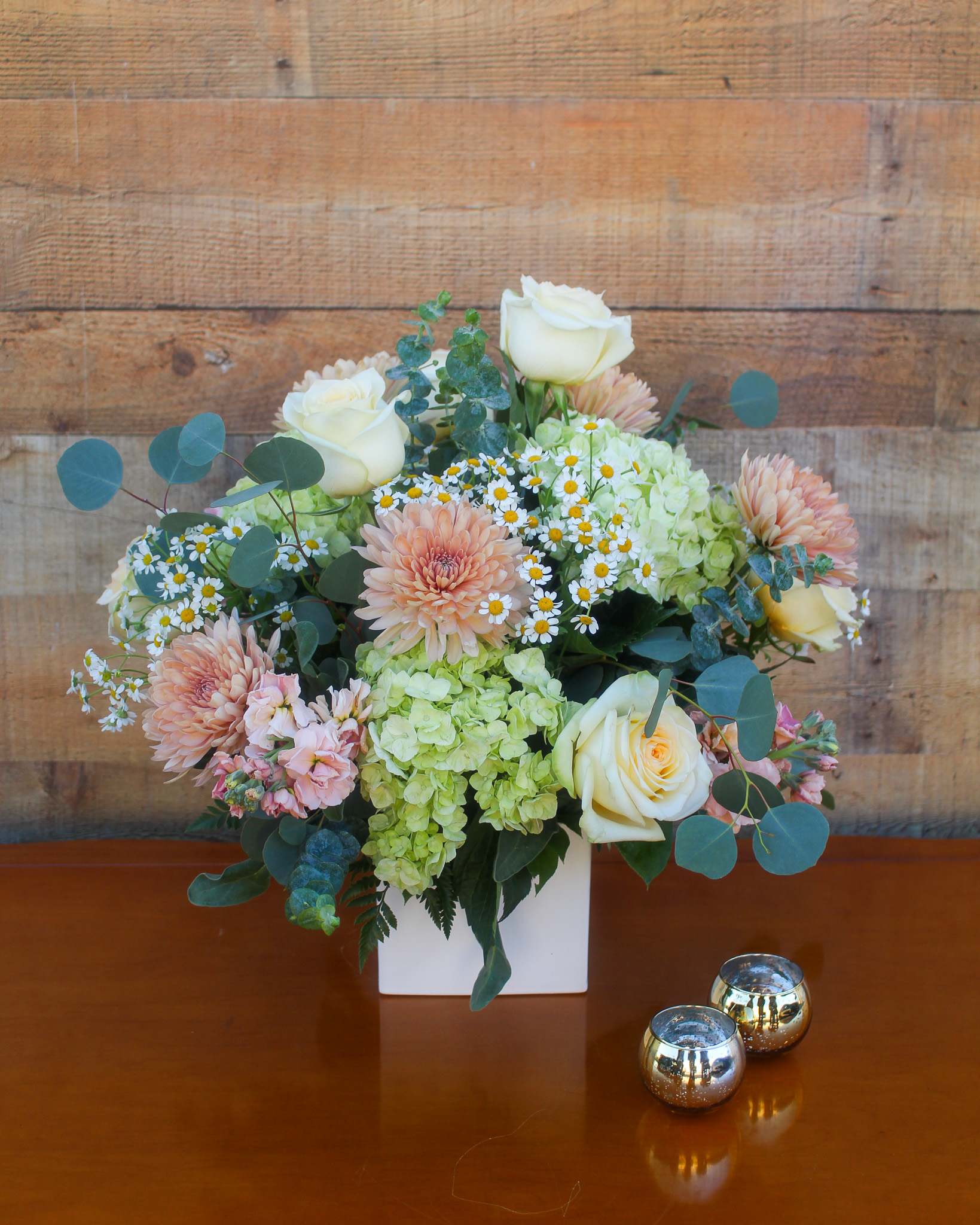 "Enchanting garden Bouquet" - Enchanting Garden Bouquet is sure to make your special person smile this arrangement is filled with roses, hydrangeas, beautiful, fragrant chrysanthemums stock and chamomile designed in a beautiful square ceramic cube