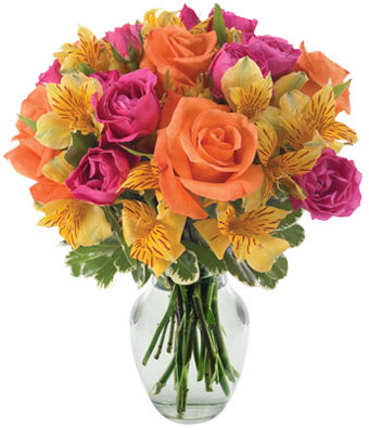 A Walk in the Sun - Pretty and Warm colored Roses, Spray carnations, Alstromerias with a seasonal greenery in a glass vase tied with a raffia bow.