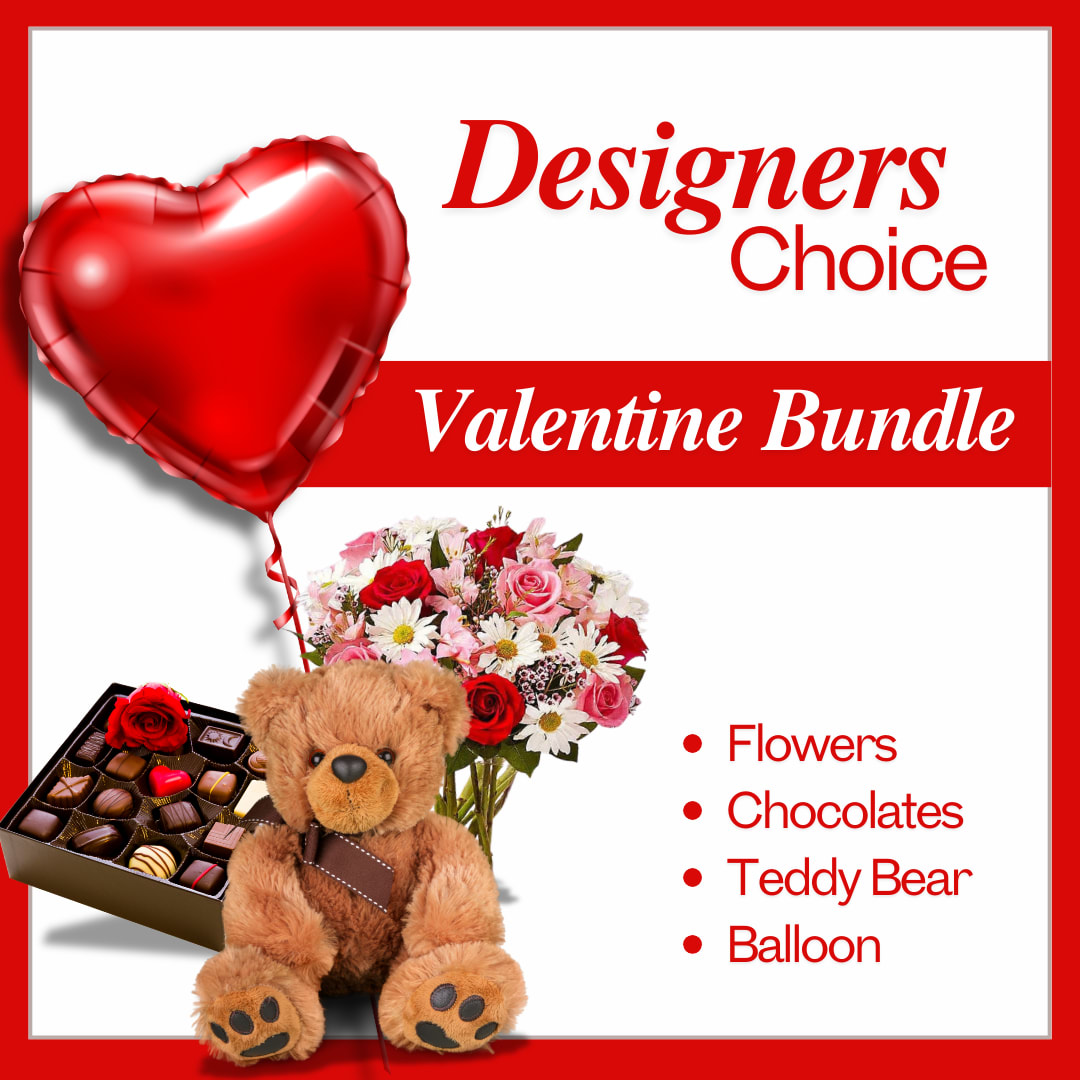Designers Choice Bundle - DCVAL2 - Designers Choice Bundle – DCVAL2  1 beautiful vase of flowers, chosen and designed by our talented florists, chocolates, teddy bear and balloon. Products will vary based on availability. Valentine