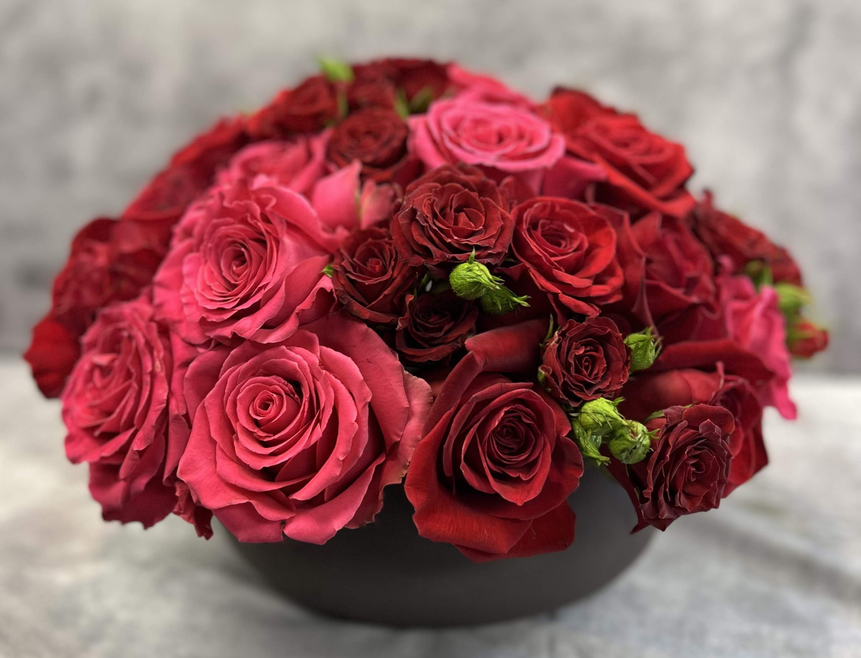 A Modern Love - Just in time for Valentine's Day, roses overwhelm this stone vessel.