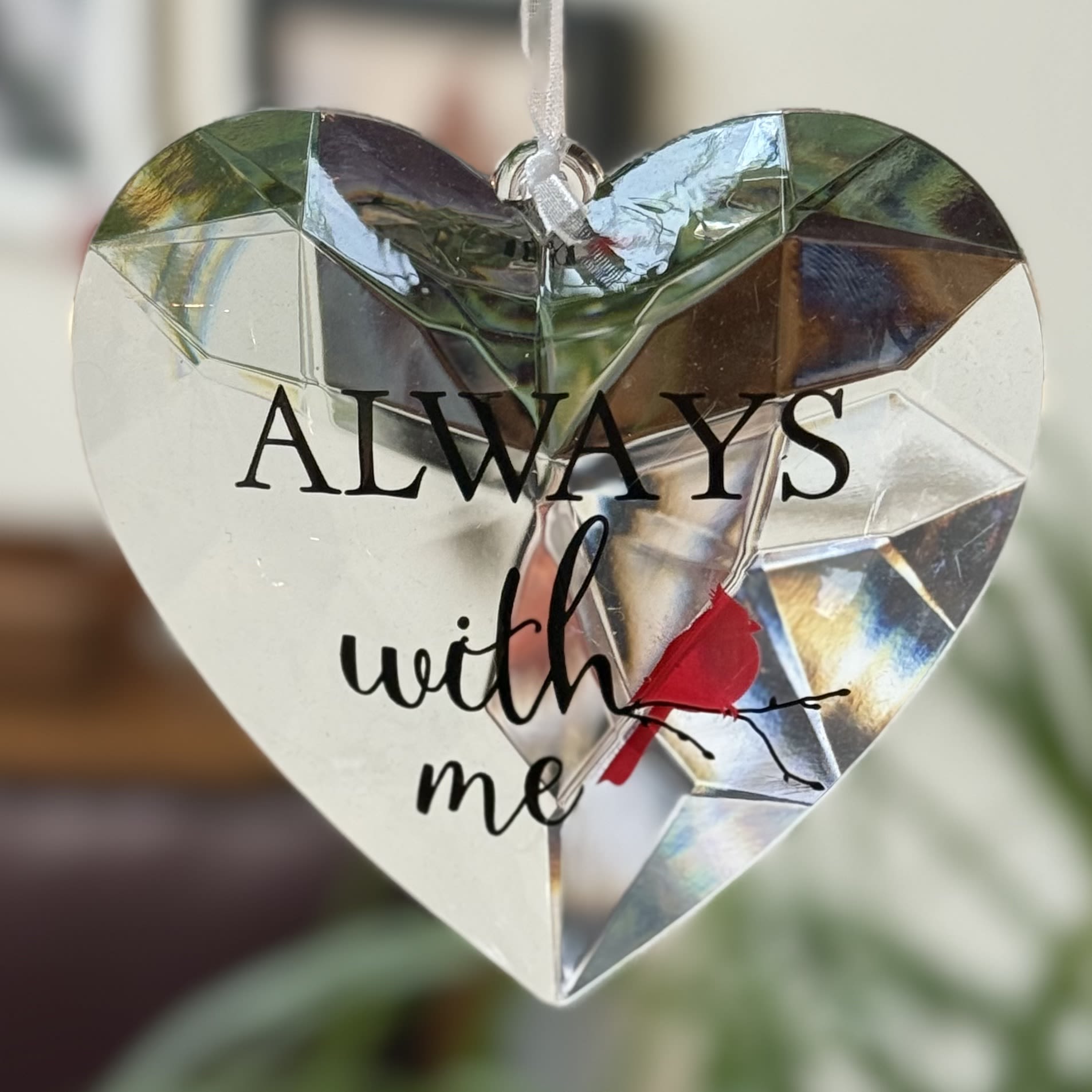 Always With Me Crystal Expressions Ornament - A cut crystal-look heart shaped ornament reading "Always with me" and picturing a cardinal on a branch.