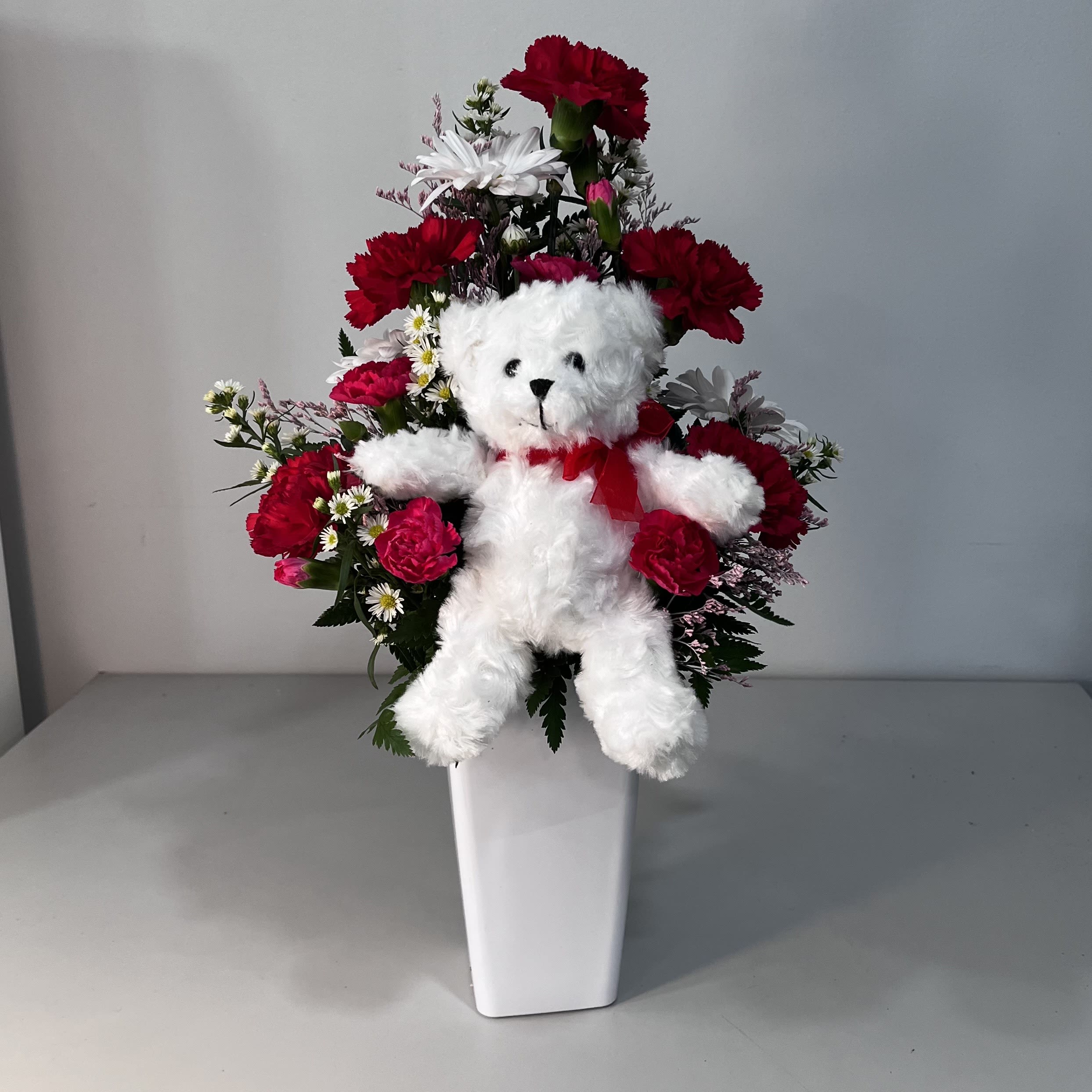 Mini Bear Bouquet - White Melamine Vase with Carnation, Daisy Mix with 7" Mini Stuffed Bear