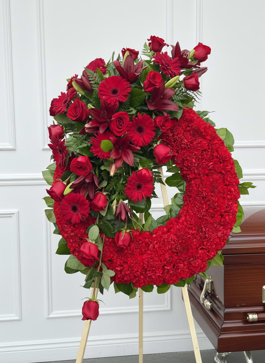 Graceful Red Tribute Wreath  - Our Graceful Red Tribute Wreath creates a stunning presentation of love's serenity for their final farewell service. Red roses, carnations and gerbera daisies are accented with burgundy mini carnations and a variety of lush greens to create a sweeping arrangement that glides across the all red wreath consisting of carnations, making this a remembrance for one who has touched your life like none other.  The picture you see is only the design of each product. Every and each one can be made in the 3 sizes that we have. The Standard is 24 inches. The Deluxe is 28 inches. The Premium is 32 inches. These measures are only for the funeral wreaths. Please make sure to read the measures of each size. The picture reflected in these products is the premium one  Please Note: The bouquet pictured reflects our original design for this product. While we always try to follow the color palette, we may replace stems to deliver the freshest wreath possible, and we may sometimes need to use a different vase.