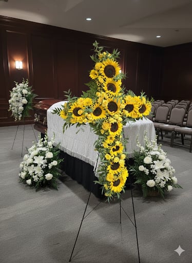 Golden Grace - Simple yet elegant, this large cross is covered with bright sunflowers and stands on a wire easel. Stunning and full of grace. 