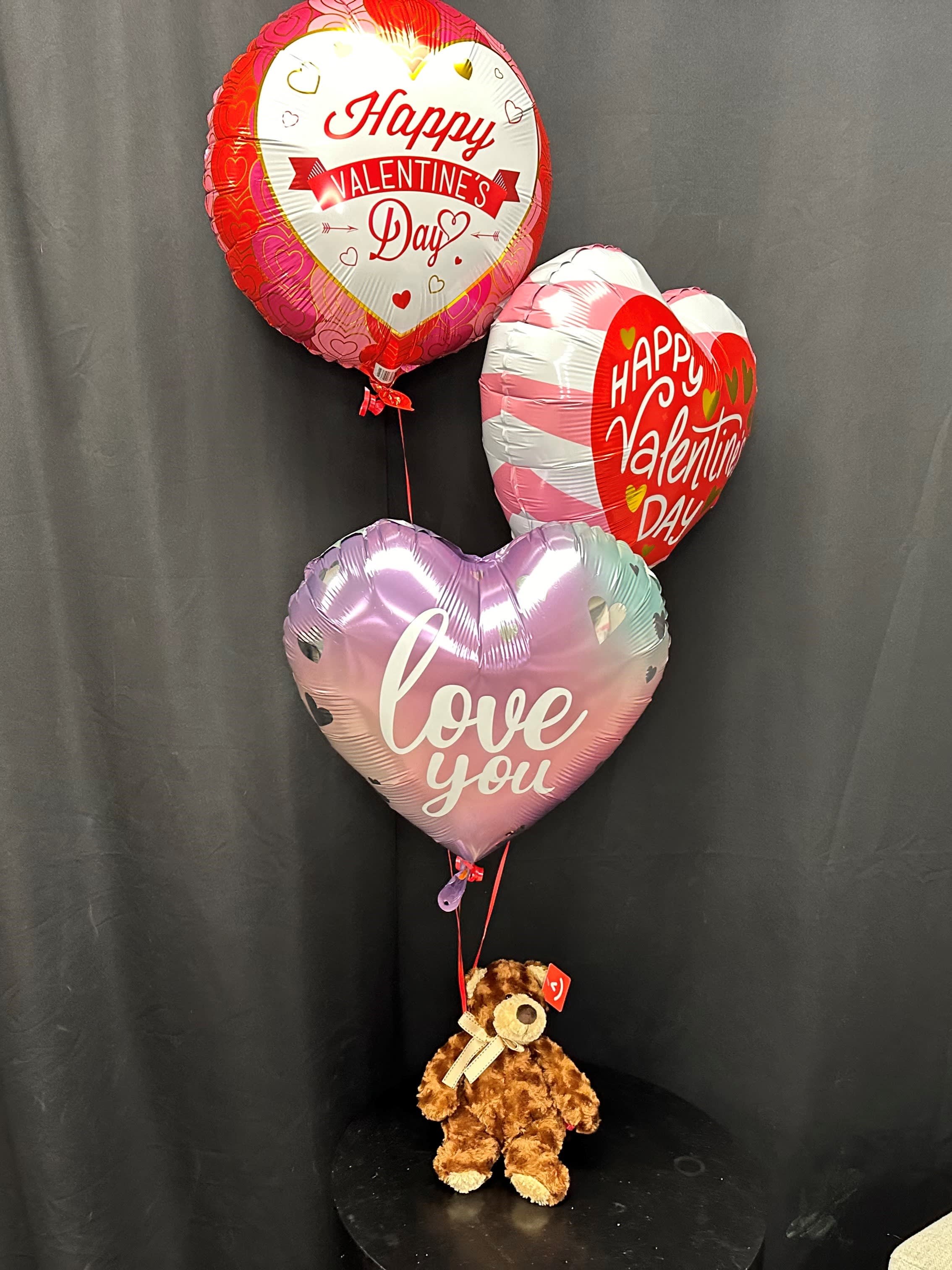Beary Best Balloon Bouquet - Tell them that they are the Beary best with this balloon bouquet of Valentine's and I Love you balloons with a 10" Bear Standard: 3 Mylars Deluxe: 3 Mylars, 3 Latex Premium: 6 Mylars, 3 Latex