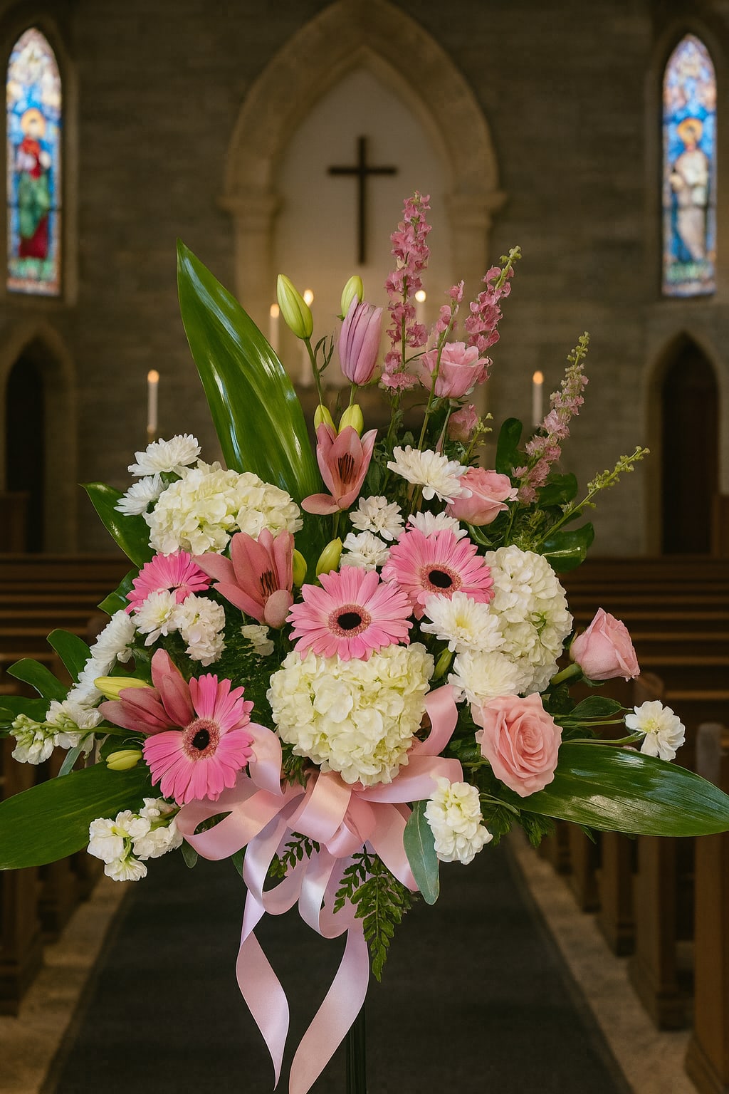 Pink Basket floral  - floral spray basket includes Banner message , Include banner message in notes for florist /special instructions 