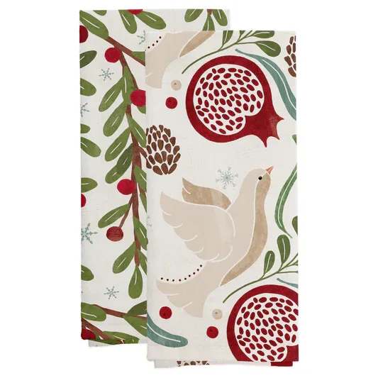 Winter Berry Tea Towels - Adorned with painterly greenery, holly, and berries, our Winter Berry Tea Towels lend a fresh seasonal accent to the kitchen. Woven of soft, absorbent cotton, this set of two makes everyday drying and cleanup feel charming and effortless. Approximate dimensions are 28 x 18 x inches