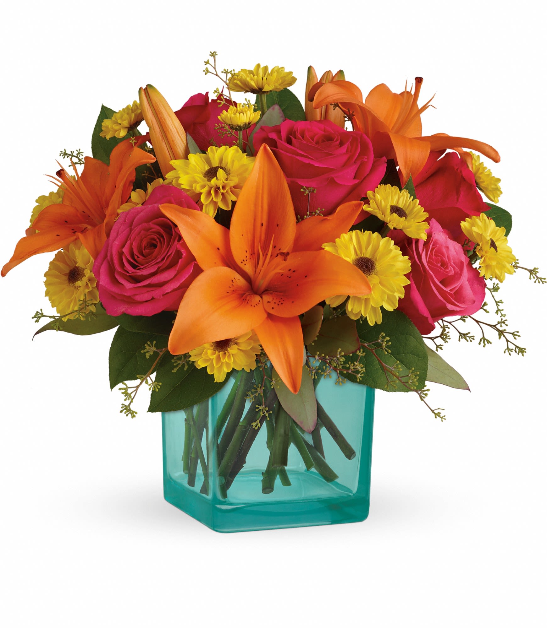 Fiesta Bouquet - A party of petals! Celebrate any occasion with this fun-filled bouquet that brightens their day with fuchsia roses and orange liles, presented in a beautifully contrasting turquiose cube vase.