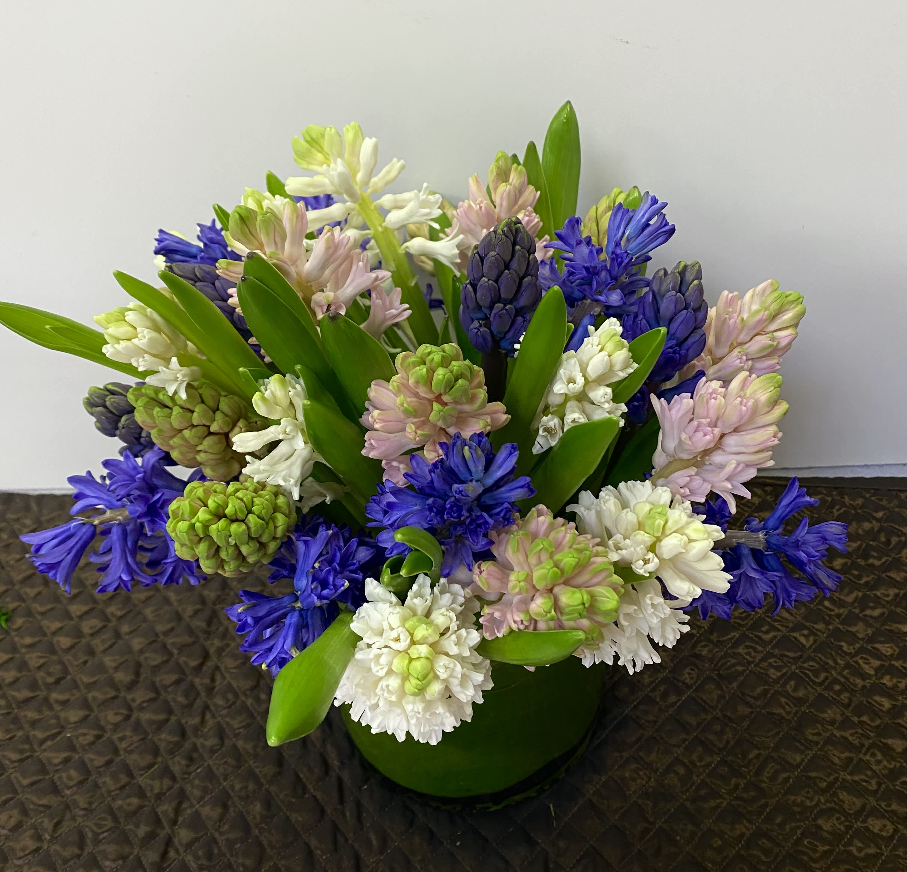 Crazy stupid love - In a pink vase  30 stem hyacinths ( but can be different colors :pink, white,lavender)