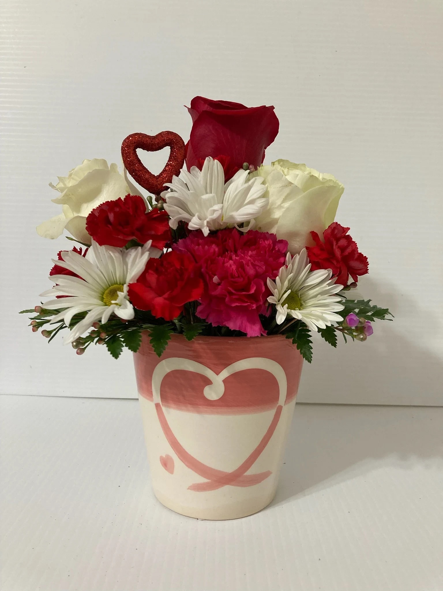 You Are My Valentine - Roses, Carnations, Daisies and greenery in beautiful container  *In the event that the original heart container sells out, a similar heart-decorated container will be substituted