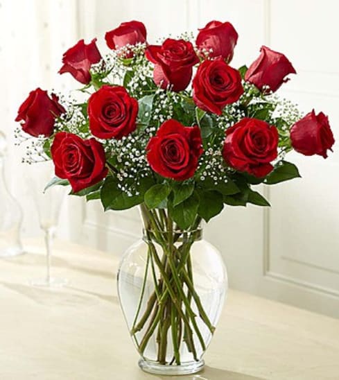 Dozen Red Roses - Beautiful 12 stems of roses with babies breath in a clear vase add a stuffed animal, box of chocolates, or balloon for a final touch