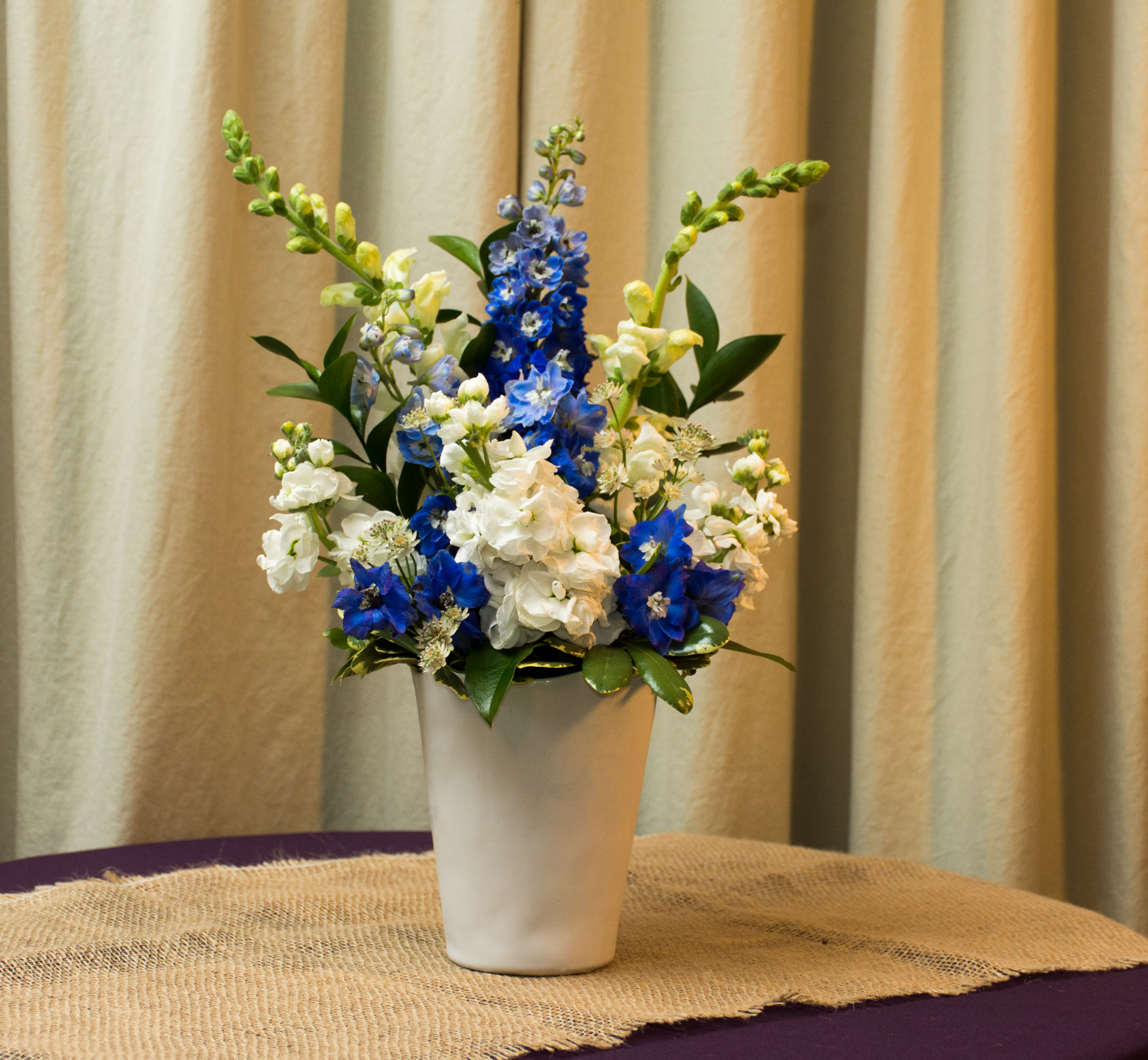 Hope - Blue and white arrangement  featuring fragrant Stock and blue delphinium. Perfect Centerpiece for Passover, 