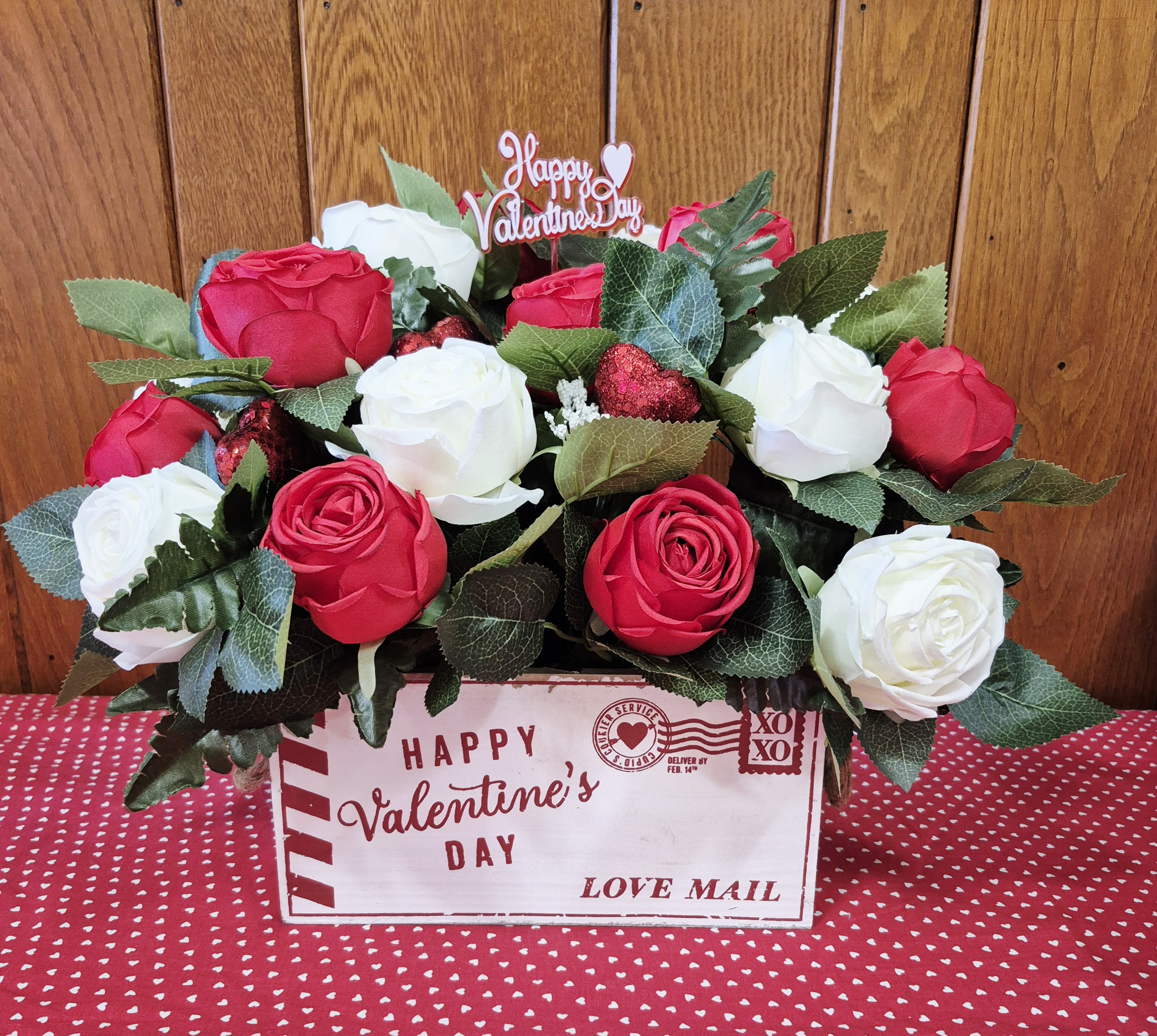 Happy Valentine's Day Love Mail Silk  - Happy Valentine's Day Love Mail Silk is a beautiful arrangement that will last forever.  “My love for you will last until the day the last flower in this bouquet dies.” is a perfect message to send with this arrangement.  14" Tall 16" Wide 