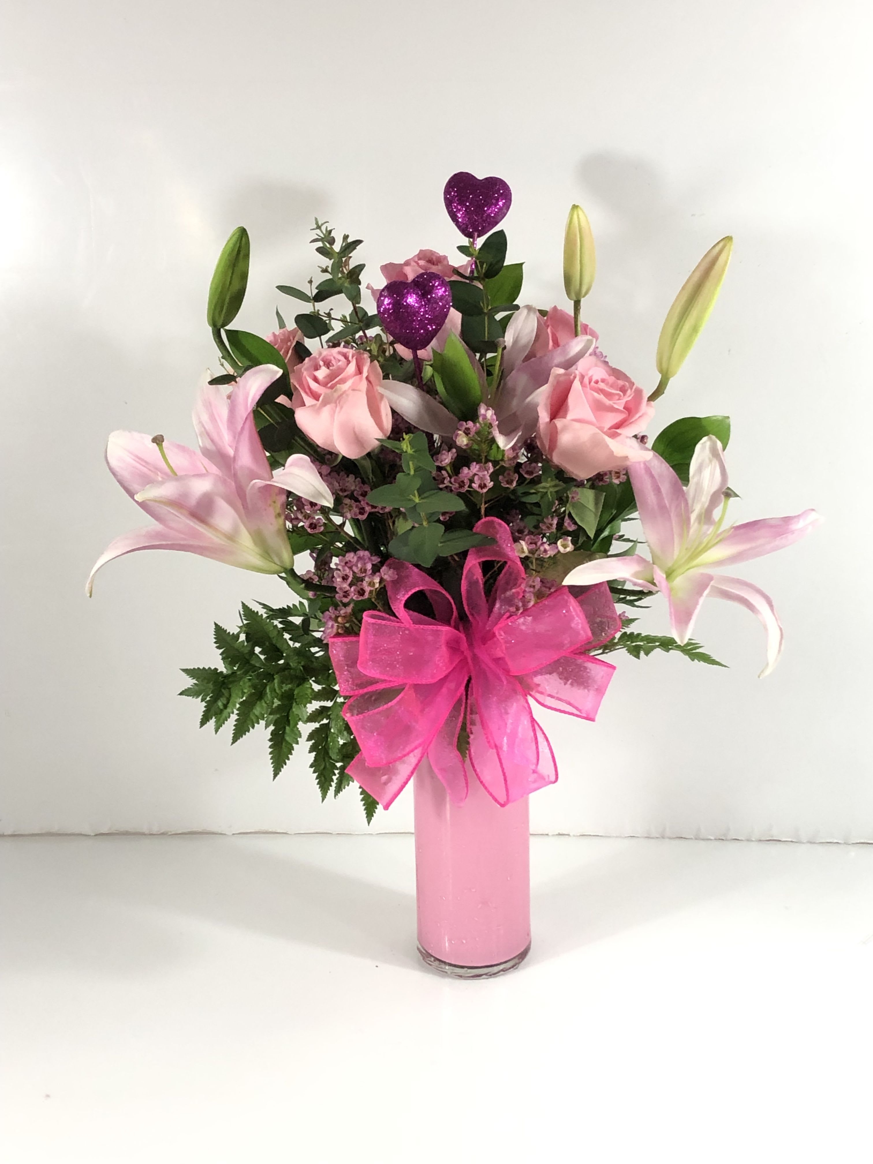 PRETTY IN PINK HEART BOUQUET  - Beautiful assortment of fresh blooms beautifully designed in pink blooms with a Valentines  Flair.