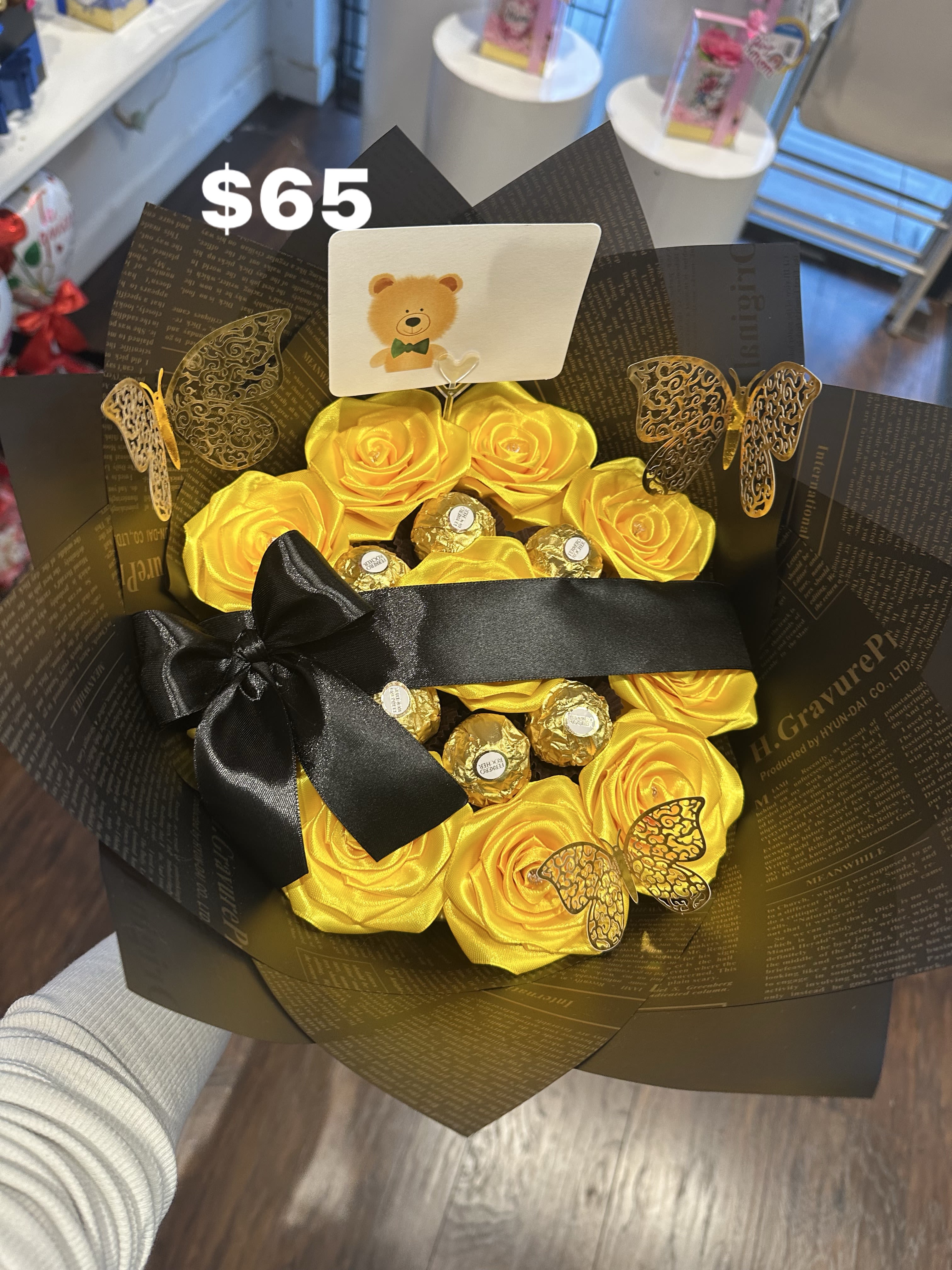 yellow roses - Eternal yellow roses with 6 Ferrero chocolates and black wrapping