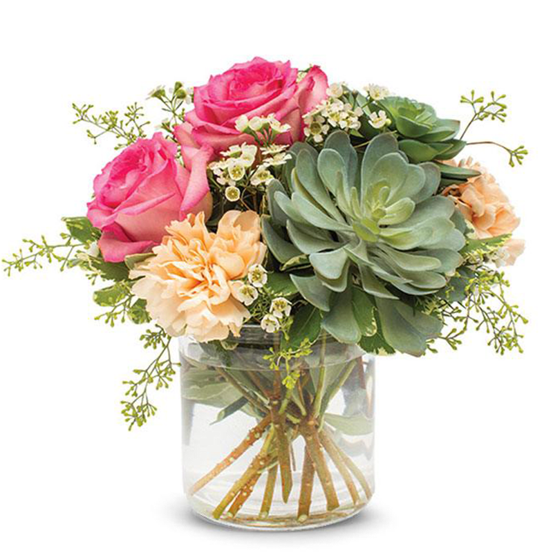 Elegant Succulent Bouquet - Elegant Succulent Bouquet is a stunning blend of modern style and timeless beauty, thoughtfully designed to feel both fresh and refined. Soft, sculptural succulents create a calm, contemporary foundation, while graceful roses and delicate carnations add warmth, romance, and gentle movement. Arranged in a clear glass vase, this design feels effortlessly chic—perfectly balanced between natural texture and floral elegance.  Whether you’re celebrating a milestone, expressing appreciation, or simply sending something unforgettable, Elegant Succulent Bouquet offers a sophisticated twist on traditional flowers that’s sure to leave a lasting impression.