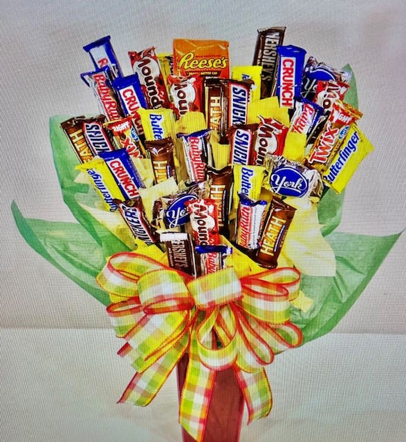 Sweet Treats  - Sweet Treats snack size candy bars is sure to be a hit with anyone that receives this yummy bouquet.  Container color can vary, and a bow can be made to accommodate whatever your occasion might be.  Contains 38 different snack size candy bars. 