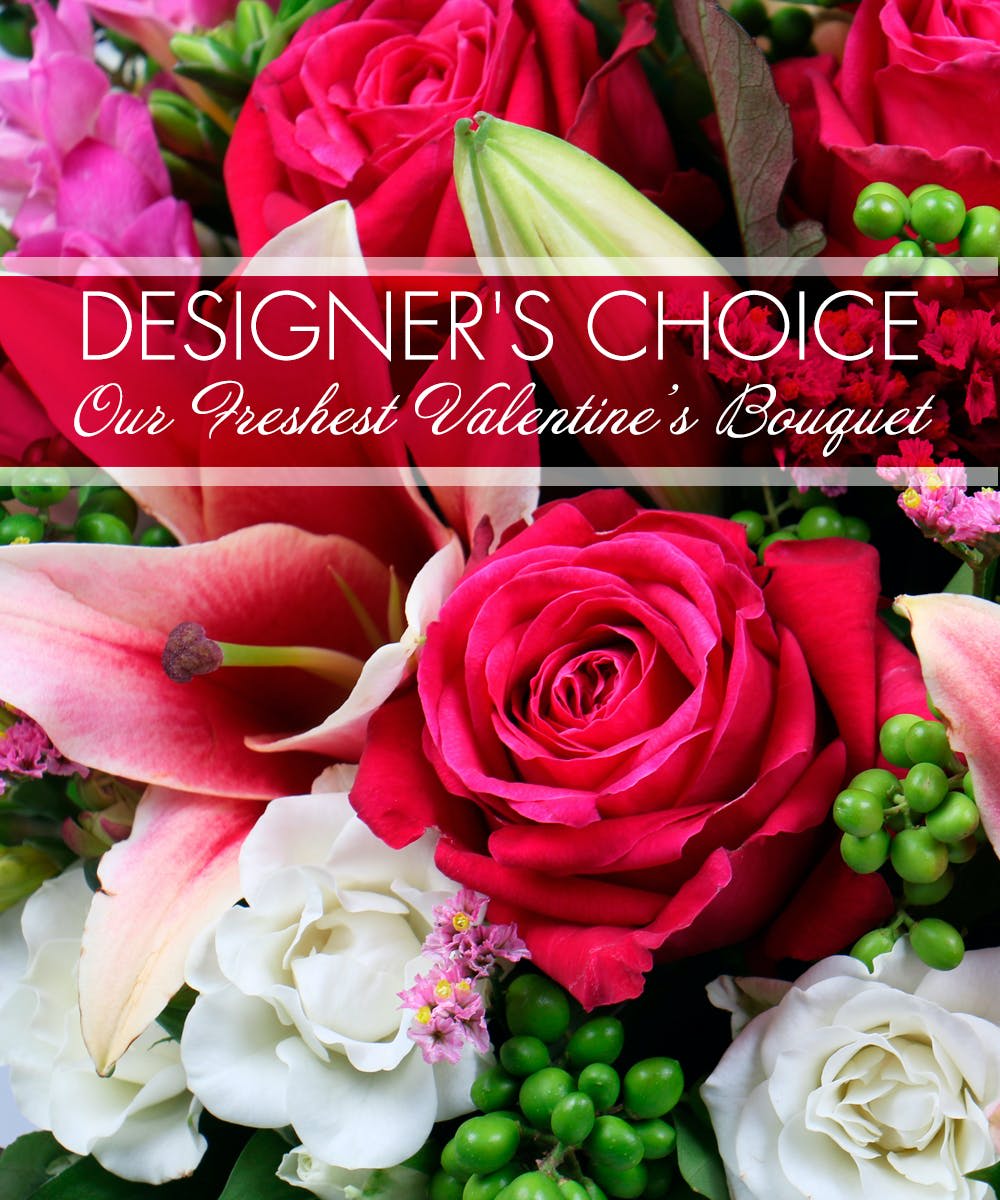 Designers Choice Valentine'sDay - A beautiful hand designed vase arrangement using the freshest flowers available in the colors of red, pink, white and purple.