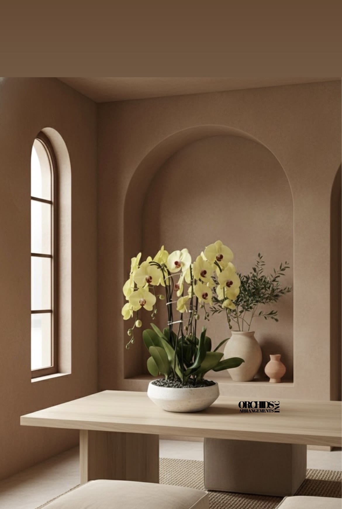 Yellow Phalaenopsis Same Day Flower - A high quality Six yellow orchid arrangement with a vase 16.5" D X 6" T. An orchid arrangement flower deliver for any occasion design with fresh natural real beautiful Phalaenopsis cascade orchid plant minimalist decor.