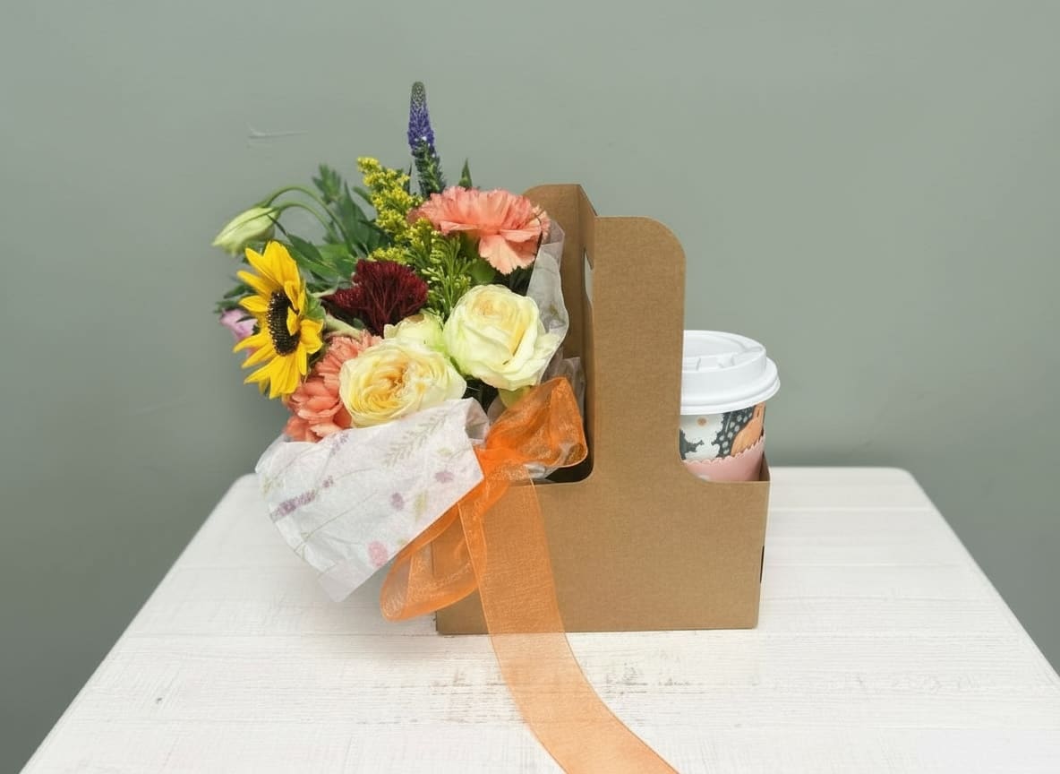  “Me Time Blooms” Caddy - Send a thoughtful touch of warmth and encouragement with our Autumn Grace Caddy — the perfect blend of cozy vibes and heartfelt care.  Each kraft caddy includes: 	•	A hand-tied bouquet of seasonal fresh florals (hydrated with a water source to stay vibrant) 	•	A warm beverage in a charming to-go cup 	•	A curated selection of self-care items such as honey, herbal tea, shower steamer, under-eye gels, and more 	•	A rotating encouragement card (designs may vary) to uplift and inspire  Beautifully packaged and ready to brighten anyone’s day — from “thinking of you” to birthdays or seasonal surprises. 