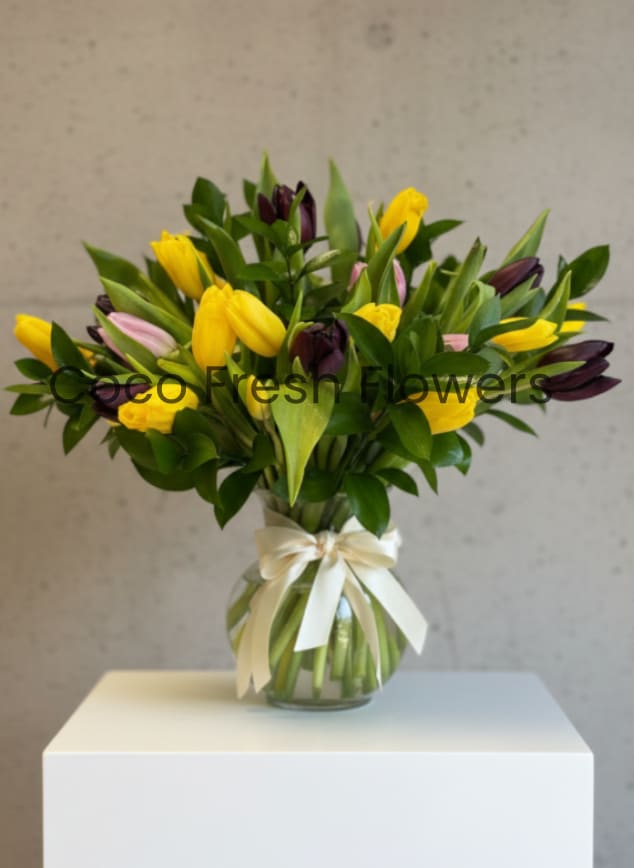 Fresh Tulip Bouquet in Glass Vase - Brighten any space with this elegant fresh tulip arrangement, beautifully displayed in a clear glass vase tied with a soft cream ribbon. Each handcrafted bouquet features a vibrant, seasonal mix of tulips and lush greenery.  Tulip colors may vary depending on seasonal availability, ensuring every arrangement is unique, fresh, and full of natural charm.  Perfect for birthdays, anniversaries, thank-you gifts, home décor, and spring celebrations, this bouquet adds warmth, color, and stylish simplicity to any room. Designed for freshness and long-lasting beauty.