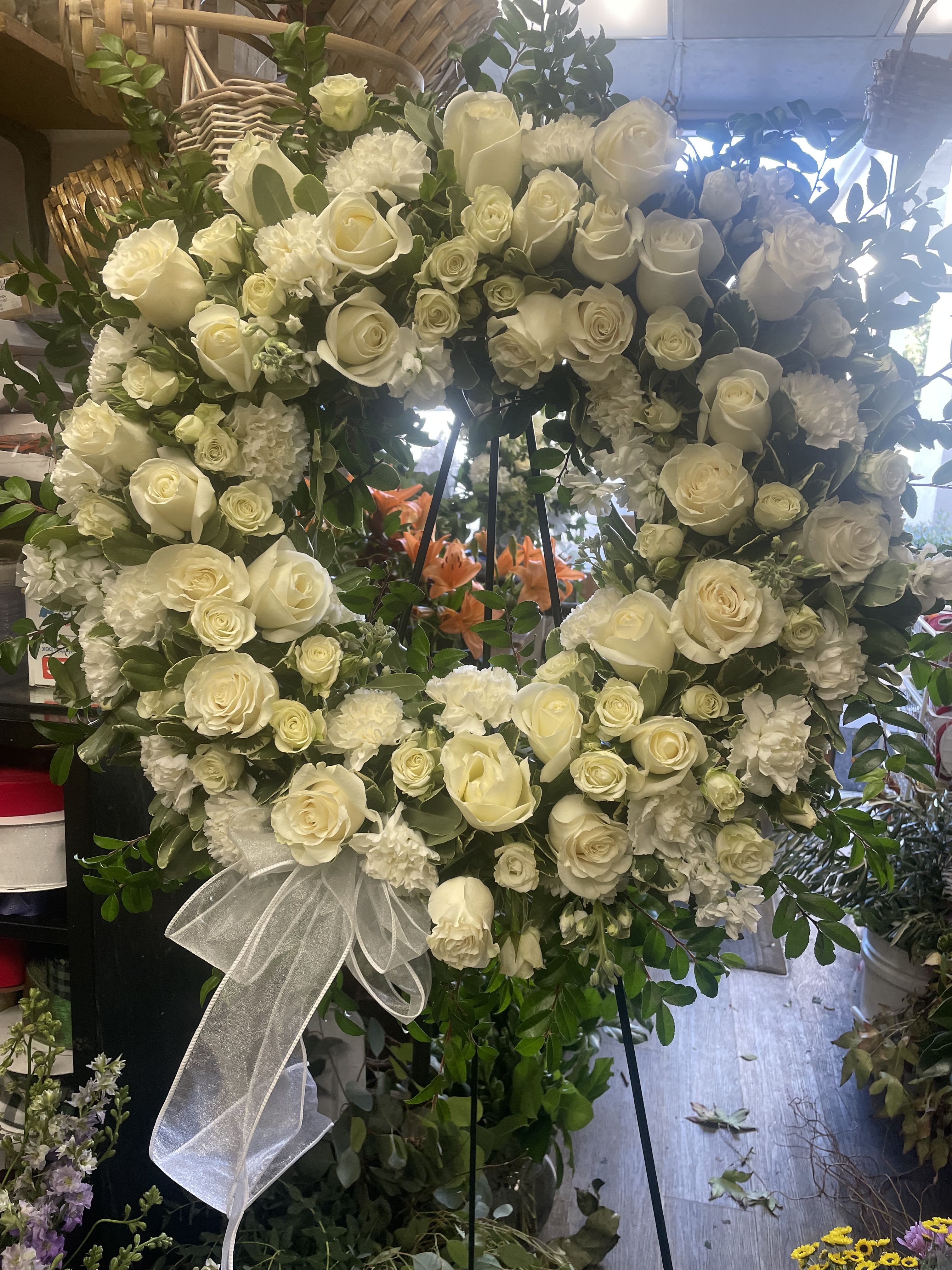 Rose Wreath - Wreath with roses and carnations done in creme color