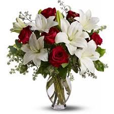 HALF DOZEN ROSES AND LILIES - HALF DOZEN RED ROSES AND ORIENTAL LILIES IN A STANDARD VASE
