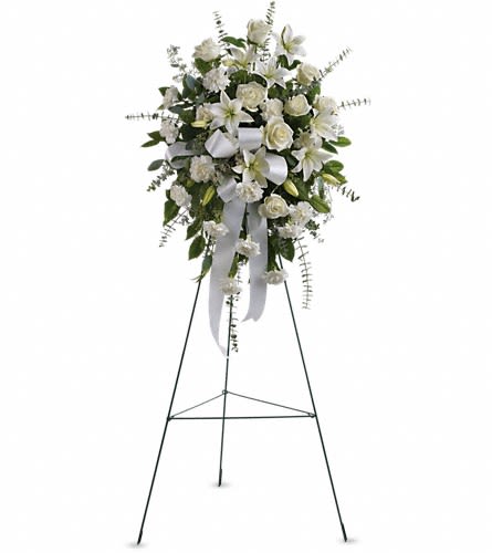Sentiments of Serenity Spray - Beautifully simple this lovely spray of white roses lilies and carnations decorated with white satin ribbon is a tasteful way to express your sympathy. The elegant spray includes white roses white Asiatic lilies and white carnations accented with assorted greenery.Approximately 25" W x 35 1/2" H Orientation: One-Sided As Shown : T262-1A