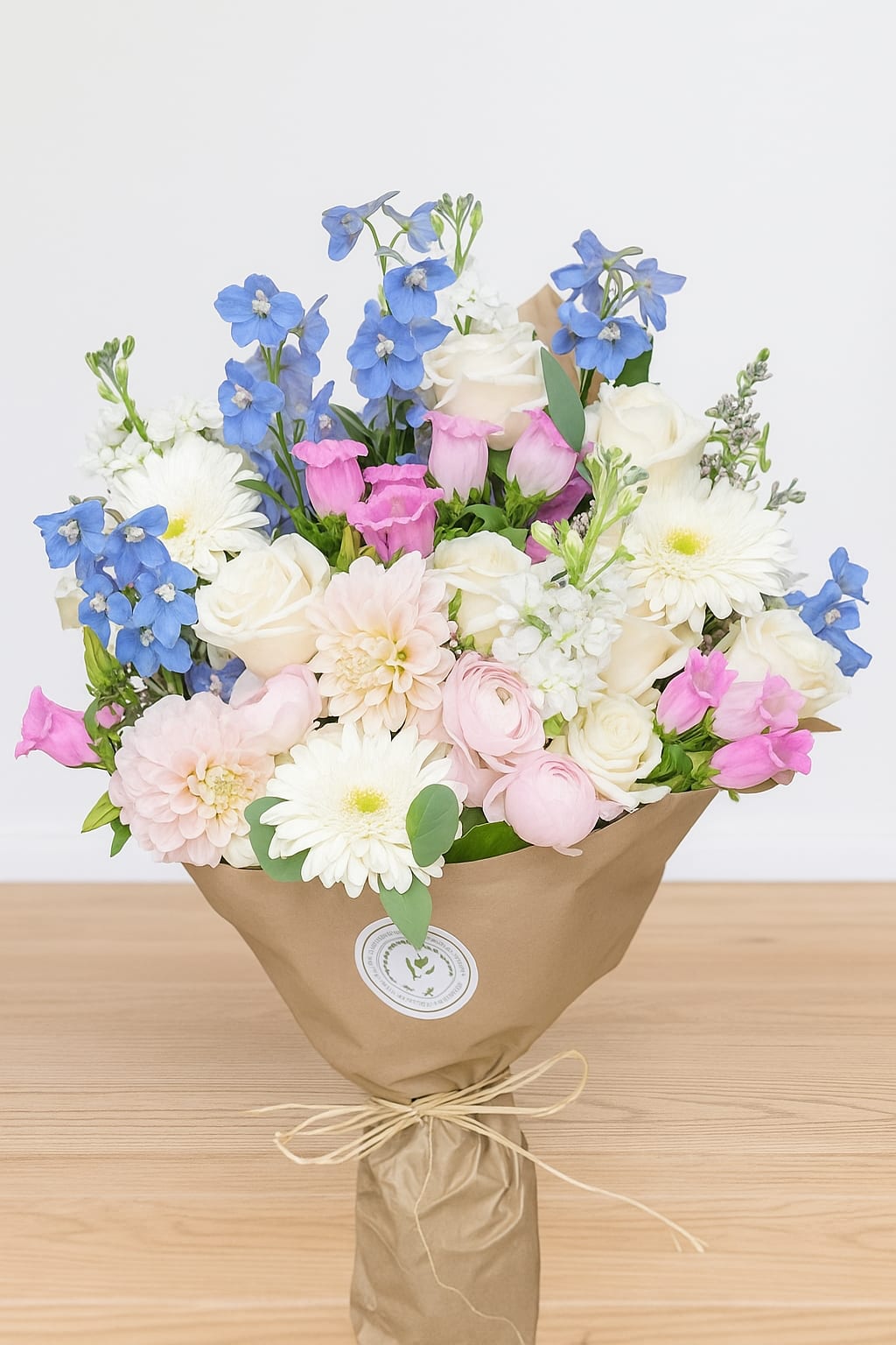 Blush and Blue Wrapped Bouquet - Delicate and timeless, our Blush and Blue Wrapped Bouquet features soft pink roses, airy blue blooms, and creamy white accents, artfully arranged in natural kraft paper. Perfect for birthdays, anniversaries, or heartfelt gestures, this pastel bouquet embodies elegance and charm. Handcrafted with fresh seasonal flowers and wrapped for a modern, romantic touch — a beautiful statement of grace and serenity. (Pictured in premium)  Keywords: blush and blue bouquet, pastel flower arrangement, wrapped bouquet delivery, elegant floral gift, San Francisco florist 