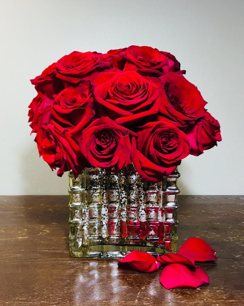 Elegant Red  - Red Roses in 5x5”square silver or gold   glass vase 